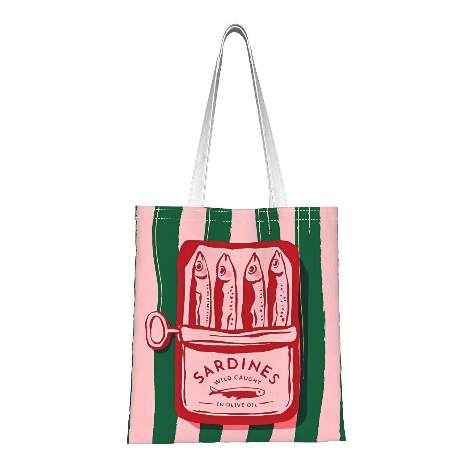 1 bolsa de compras reutilizable con diseño de lata de sardinas, adecuada para uso diario, escuela, viajes, regalo minimalista para amantes de la comida.