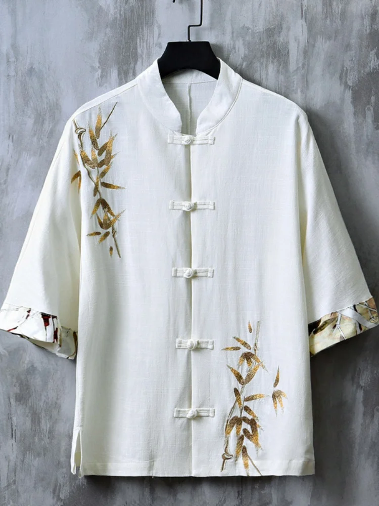 

Новая мужская летняя рубашка-куртка в китайском стиле, льняная, с вышивкой, из хлопка и льна, с коротким рукавом, свободного кроя, с эффектом прохлады, повседневная