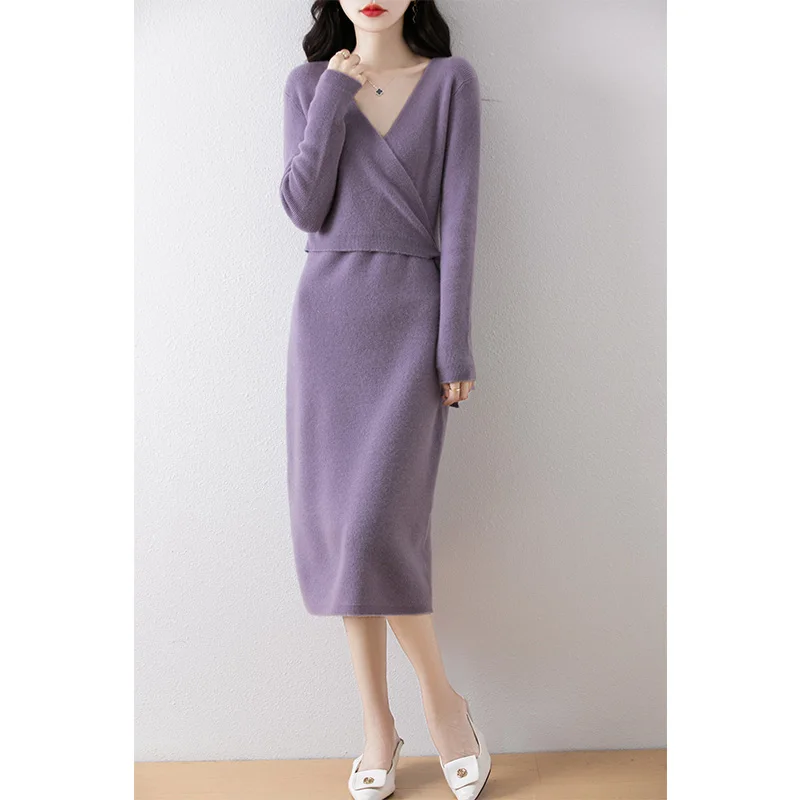 Women 100% Wool Dresses With Belt Knitted Jumpers 2024 New Fashion Winter V-neck Loose Dresses Female Mid-calf Pullovers