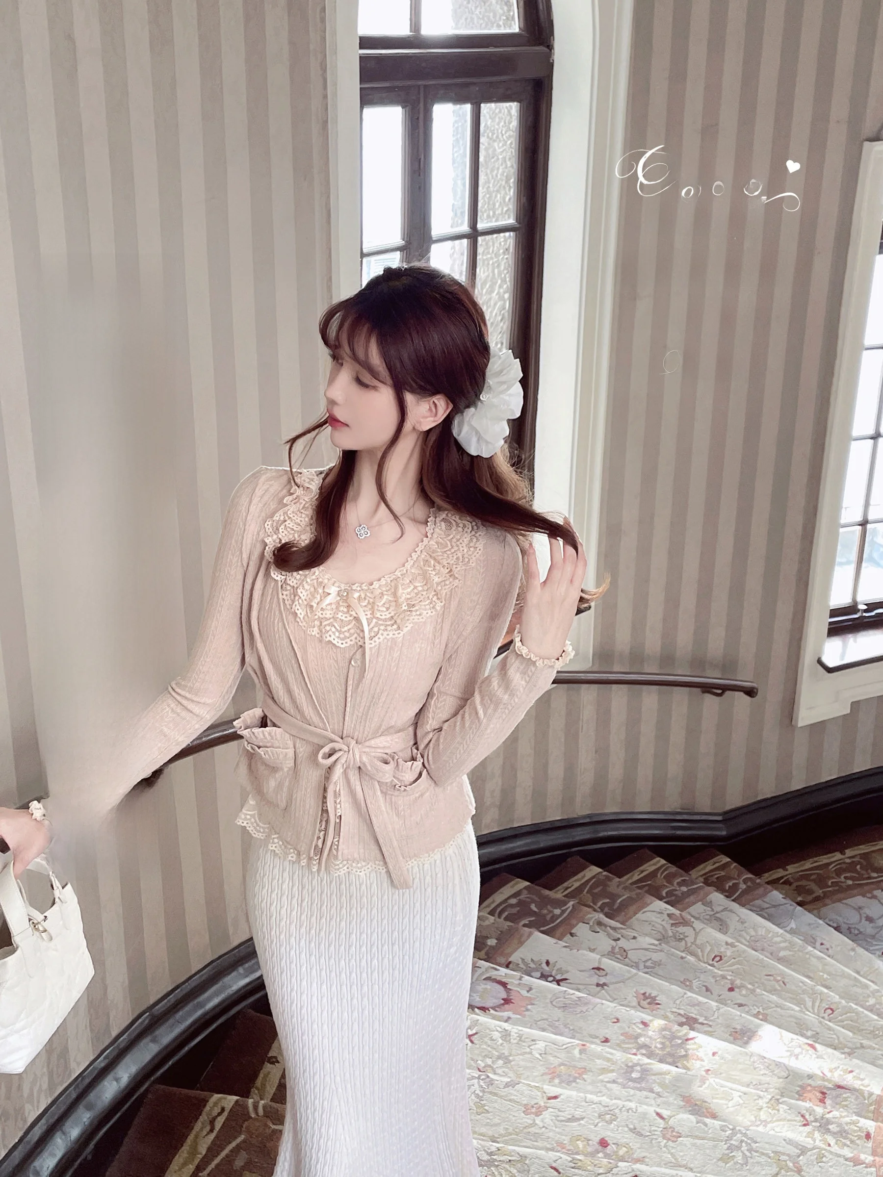 

Женский вязаный свитер Sweet Sle с кружевной отделкой, облегающий V-Ne Long Sve, повседневная одежда CrySweet Lady's Faion Rule