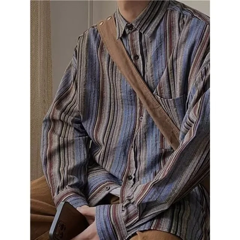 Vintage Vertical Striped Long Sleeve Shirt  Men Oversized Unisex Blouses Summer Luxury 2023 Fashion Japanese Work Women Cardigan