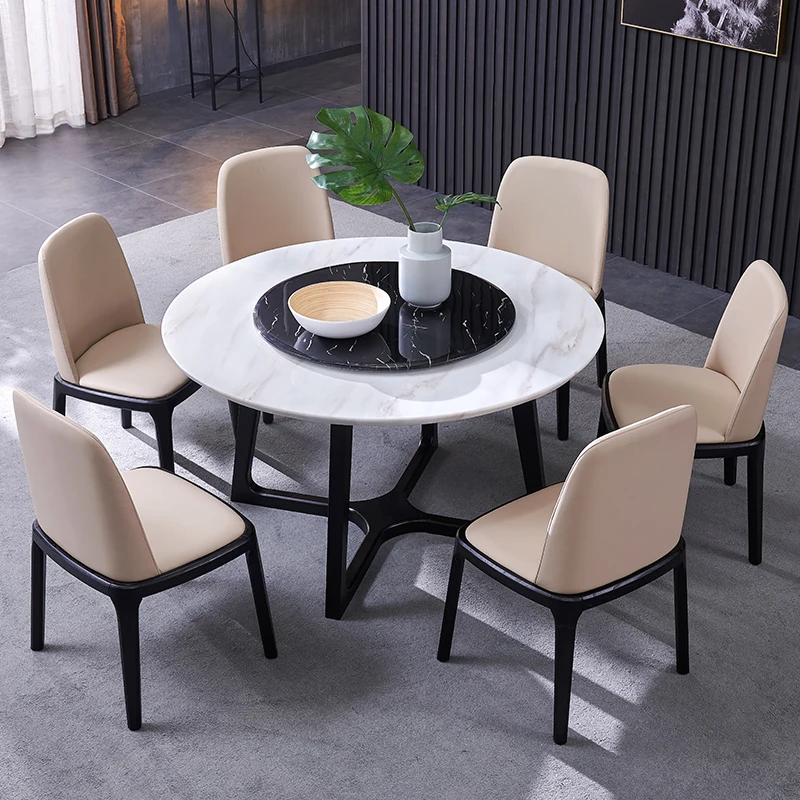 Nordic Round White Marble Fired Stone Dining Table Modern Simple Round Table and Chair Combination with Rotary Table