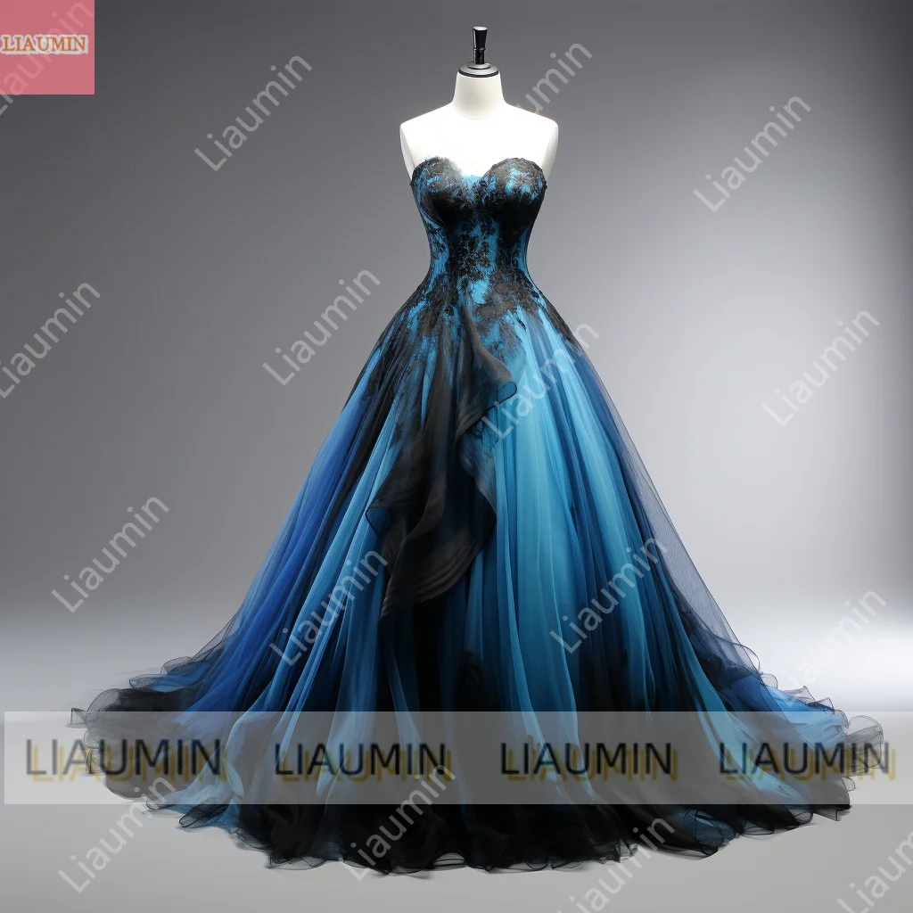 Blue Black Lace Edge Applique Strapless Ball Gown Full Length Evening Dress Formal Occasion Elagant Hand Made Customized W2-1