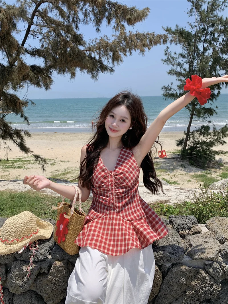 سترة نسائية بدون أكمام منقوشة باللون الأحمر بتصميم كلاسيكي ملابس خارجية صيفية بتصميم مثير لقضاء عطلة الشاطئ سترة يابانية حلوة...