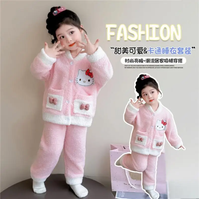 

Fashion 2-piece Set Children's Clothing Jacket Cute Baby Home Clothes Sanrio Hello Kitty Winter Jumpsuit Jackets Kids Padding