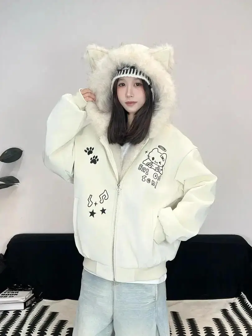 

Winter Thiened Plu Flight Jaet Loose Fit Street Sle Hooded Polyester Filled Cotton Coat for Men And Women