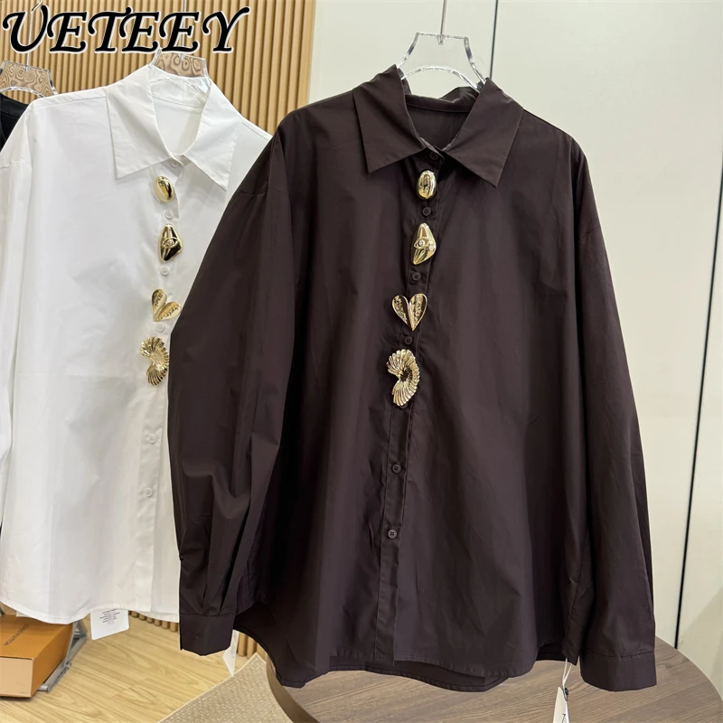 

Autumn New Style Turn-Down Collar Blouse Metal Button Cotton Long-Sleeve Shirt for Women Loose Slimming Design Layered Tops
