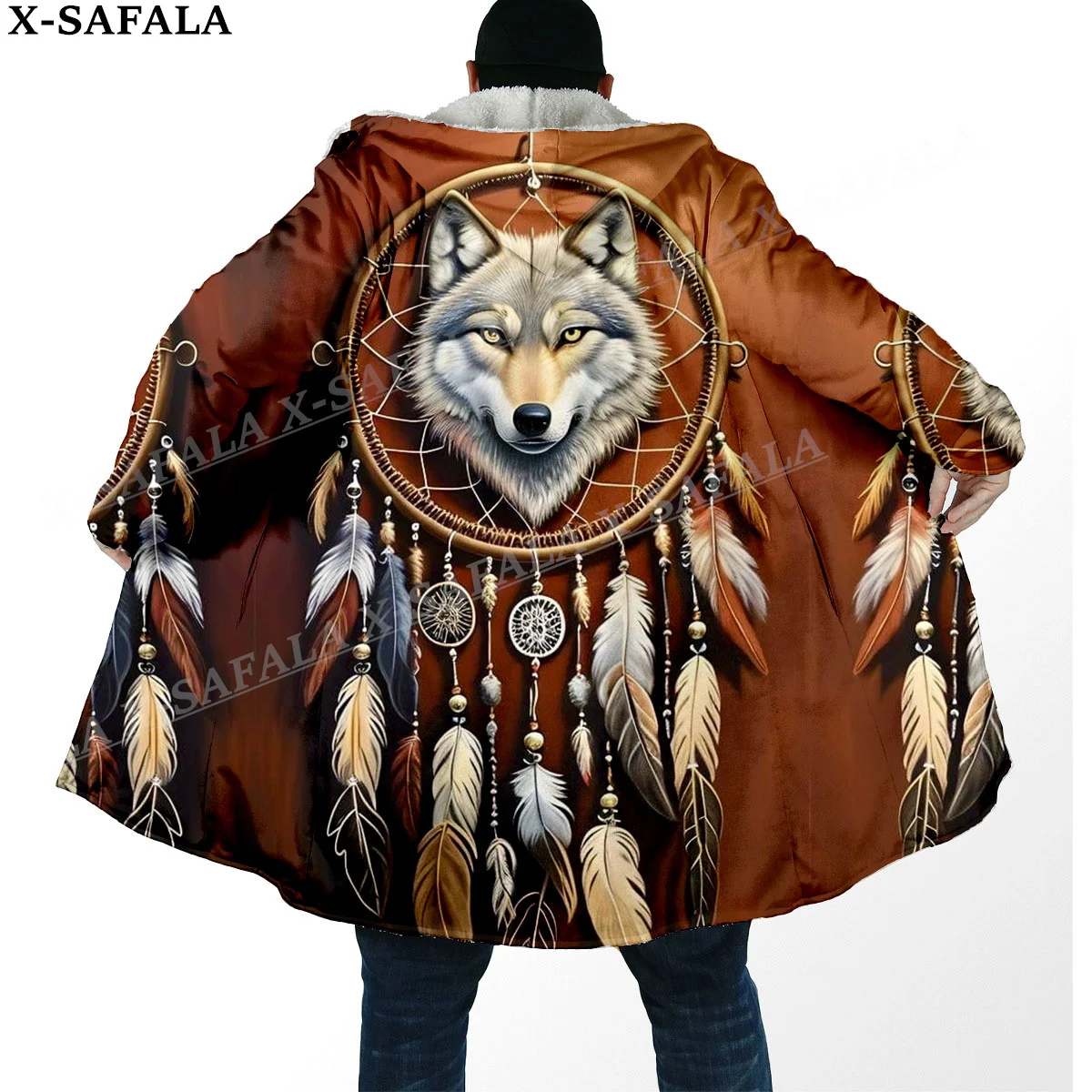 Elegant  Native Wolf Spirit Totem Arts Thick Warm Hooded Cloak Men Overcoat Coat Windproof Fleece Cape Robe Hooded Blanket-6