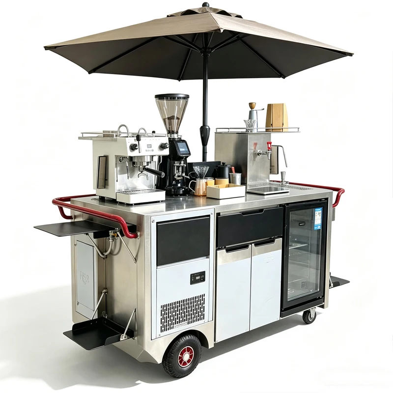 Street Mobile Coffee Trolley Stainless Steel Coffee Cart With Umbrella For Pop Up Coffee Shop Customized