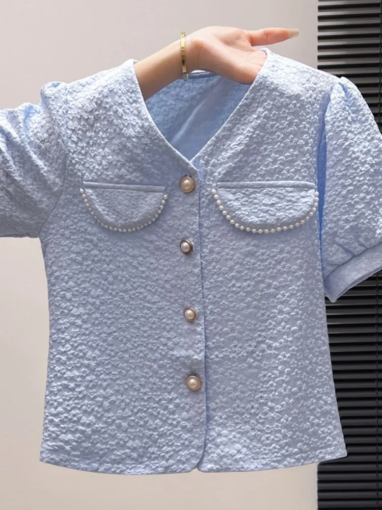 

Милая летняя рубашка с коротким рукавом и V-образным вырезом, женская текстурированная блузка в корейском стиле, свободного кроя, с рукавами-фонариками, тонкая модель