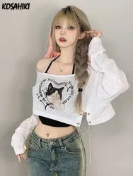 2024 Harajuku Casual Two Pieces Set Women Grunge Cat Printing Slash Neck Chain Crop T-shirt+Black Halter Y2k Aesthetic Tank Top