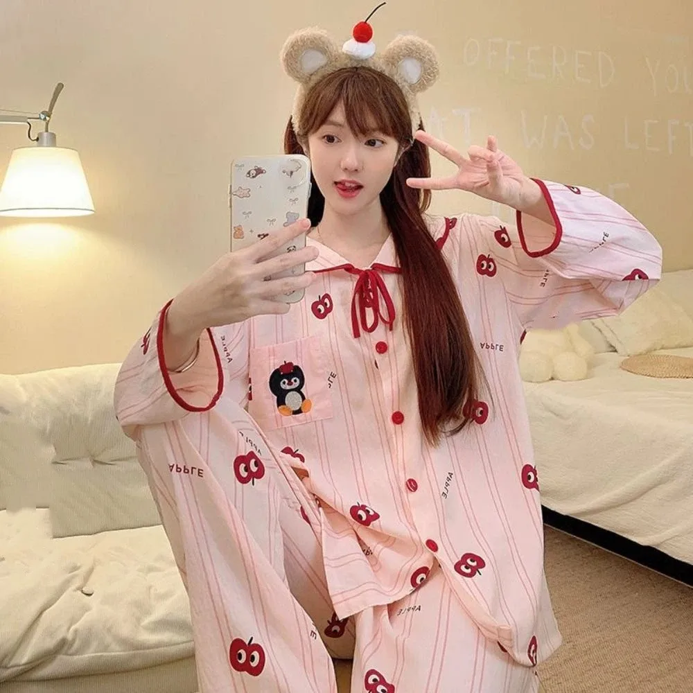 

Comfortable Flip Collar Stripe Pajamas Set Penguin Casual Long Sleeves Pajamas Dog Loose Two Pieces Nightwears Autumn Spring