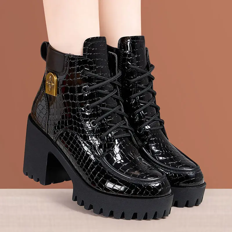 8cm 10cm Small Big Size 33-43 Platform Shoes with Fur Winter 2025 Block High Heels Boots Women's Leather Ankle Motorcycle Boots image 5