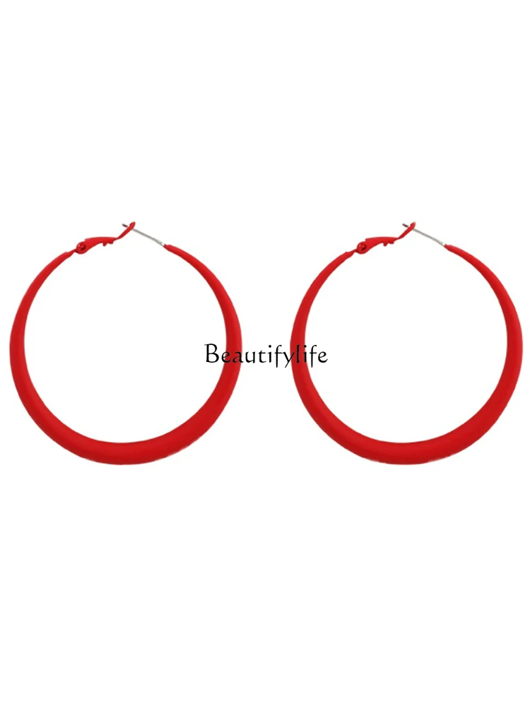 Red Geometric Ear Ring 2023 New Trendy Autumn and Winter Frosted Big Hoop Earrings