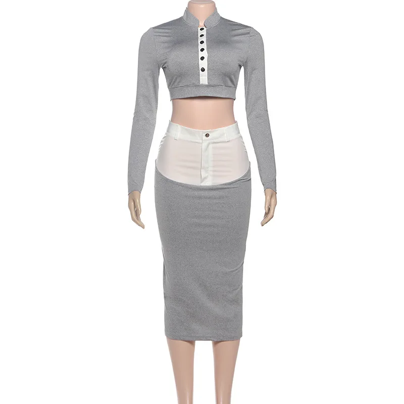 الصلبة اللون ضئيلة قطعتين مجموعة الإناث عارضة الحركة س الرقبة قصيرة الأكمام تي شيرت حزمة الورك تنورة طويلة السيدات الشارع الشهير