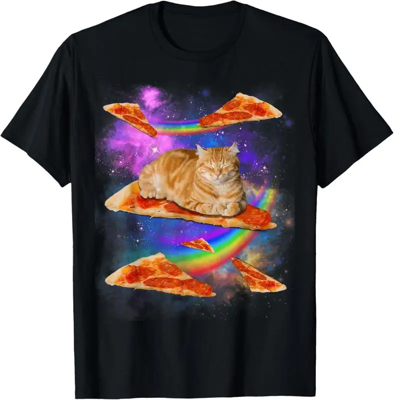 

Summer Essential Classic Women's Short Sleeve T-shirt 100% Cotton Funny Galaxy Cat In Space Cat Riding Pizza T-Shirt