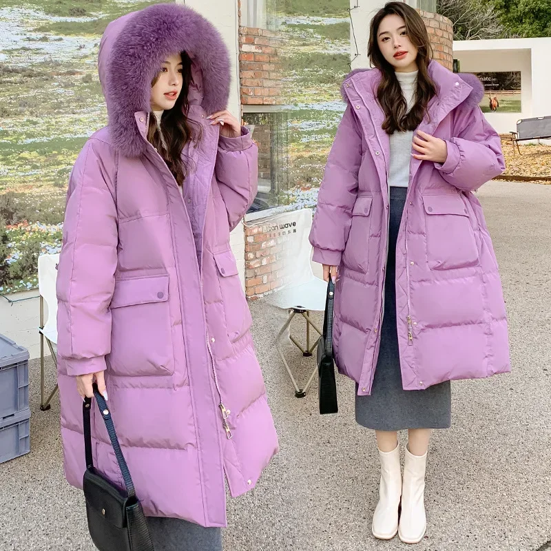 Women Fox Fur Collar Hooded Down Jacket Loose Purple Long Thickened Macaron Color White Duck Slimming Widened 6XL Oversized Coat