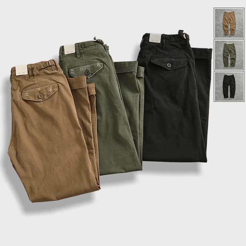 2024 Four Seasons New American Retro Woven Twill Heavyweight Cargo Pants Men's Simple 97% Cotton Washed Casual Straight Trousers