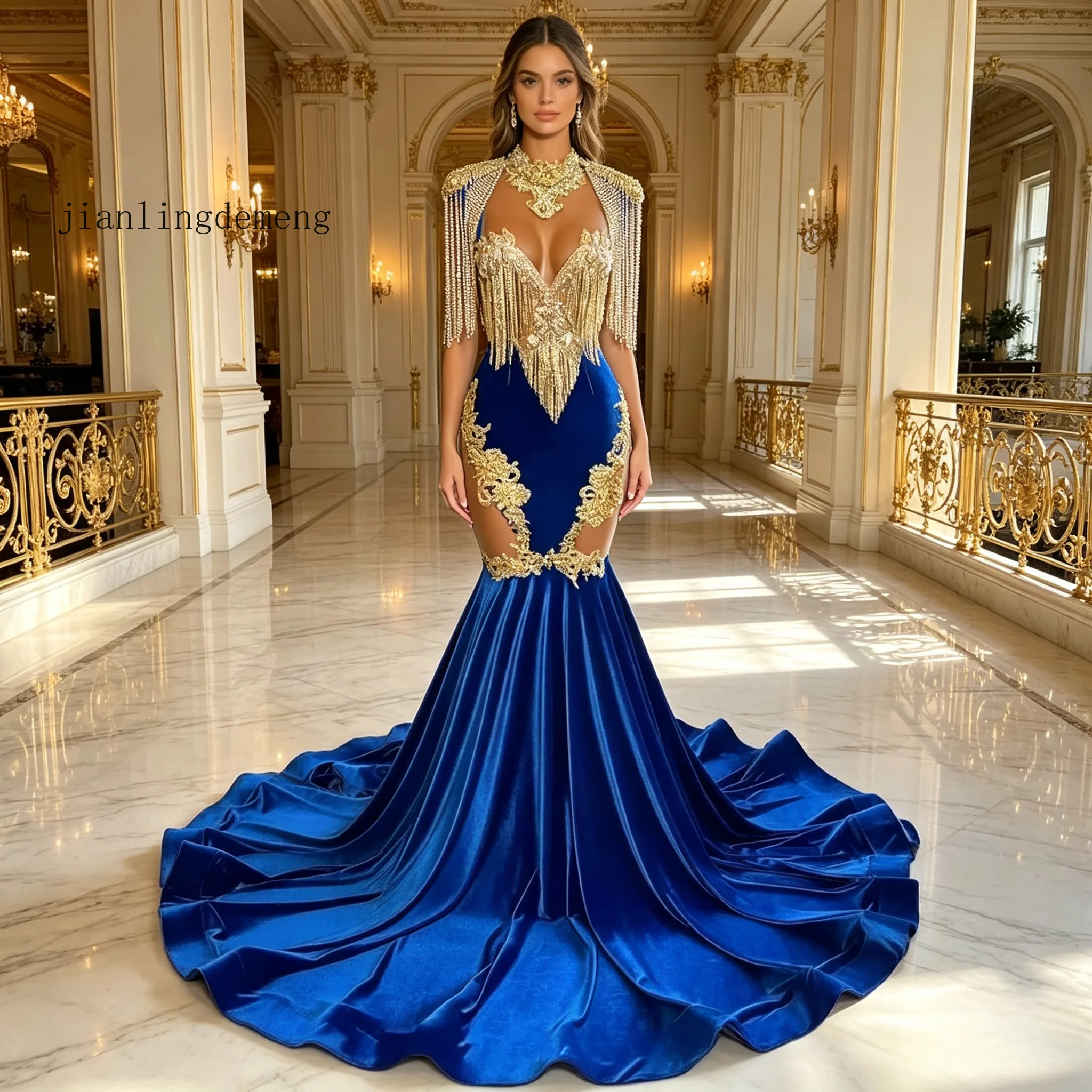 royal blue and gold mermaid prom dress Luxury Royal Velvet Deep V Tassel Cape Shoulder Lace Cutout Train Evening Gown Customized royal blue mermaid dress