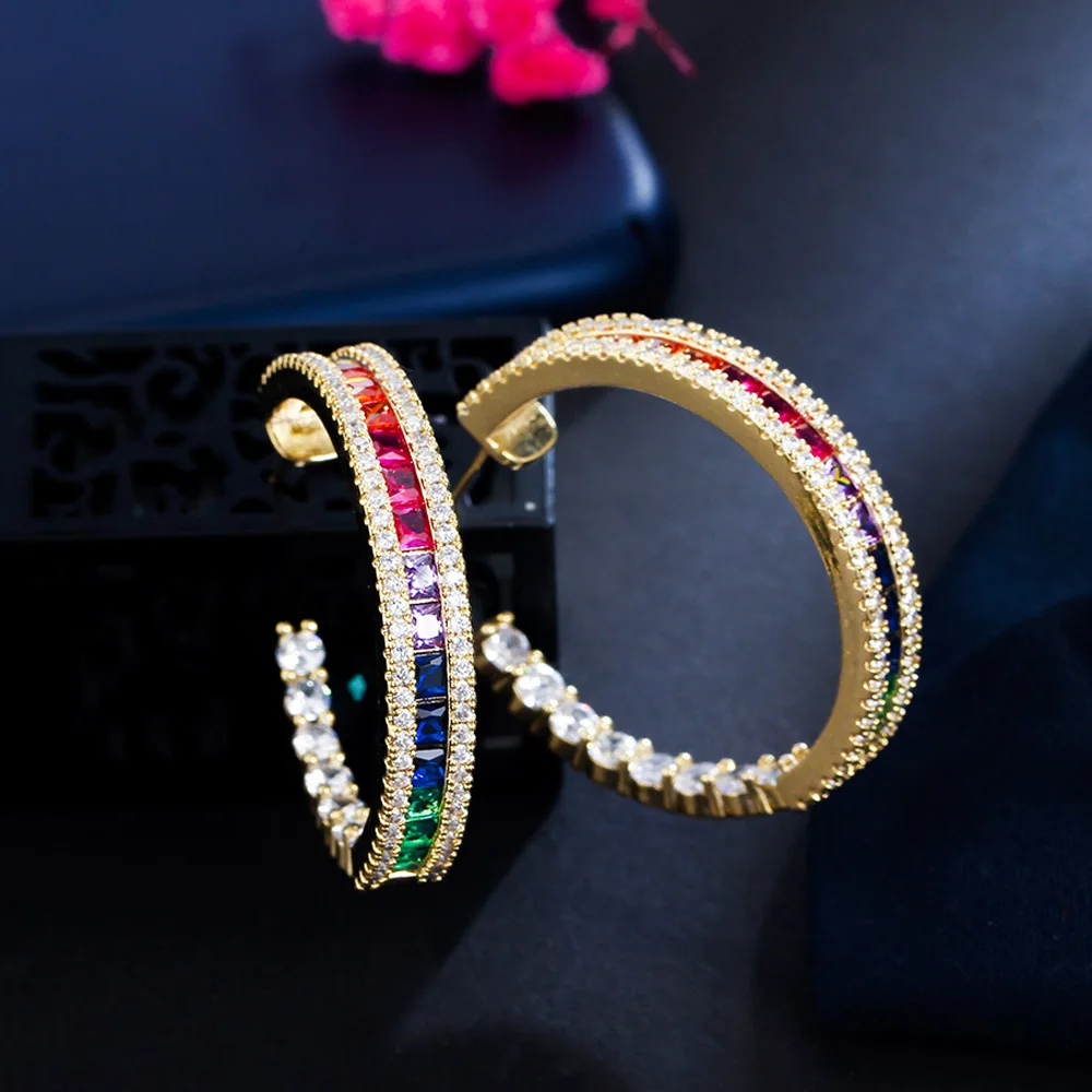 CWWZircons Colorful Rainbow Cubic Zirconia Big Gold Color Round CZ Hoop Earrings for Women Trendy Boho Everyday Jewelry CZ230