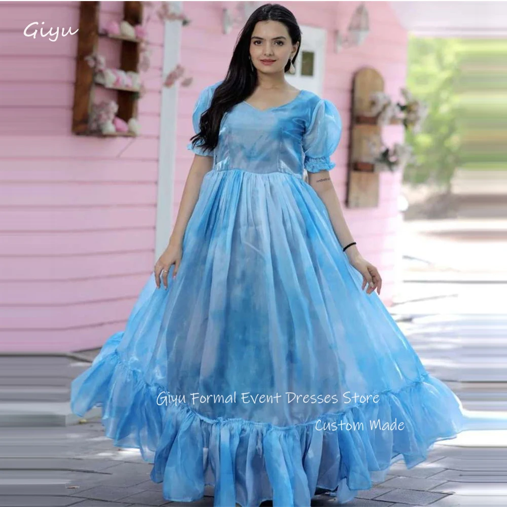 

Giyu Blue Printed Evening Dresses Formal Birthday Dress Puff Short Sleeves Tiered Skirt Floor Length Occasion Event Gowns