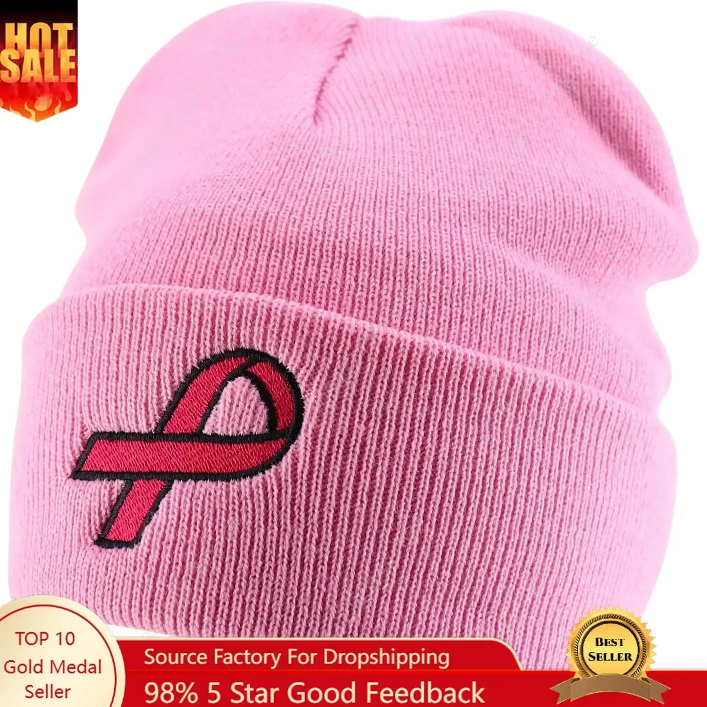 

Armycrew Breast Cancer Awareness Pink Ribbon Embroidered Long Beanie