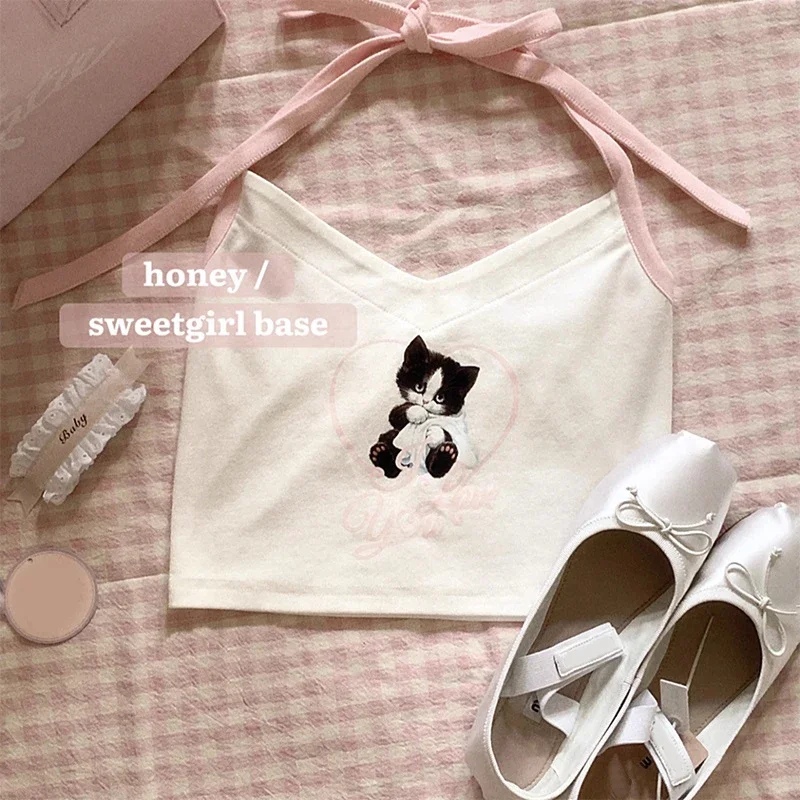 Y2k Crop Top for Sweet Girls Cute Tops Women Summer 2023 Cotton Camis Cat Print Lolita Style Cropped Kawaii Clothes