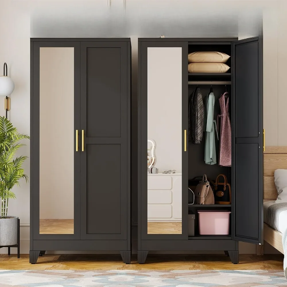 71" Metal Wardrobe Armoire 2 Mirror Doors Adjustable Shelves & Hanging Rod Clothing Storage Cabinet, Custom