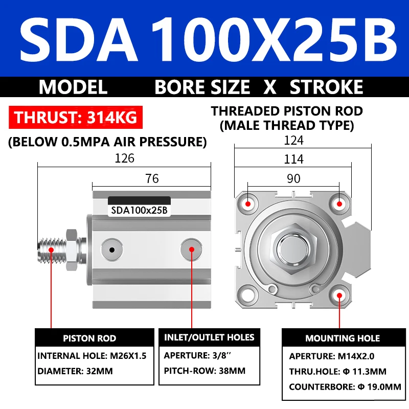 

ABILKEEN SDA100X25B SDA Series Thin Air Cylinder 100MM Male Thread Bore X 25MM Stroke Double Acting Pneumatic Compact Cylinder