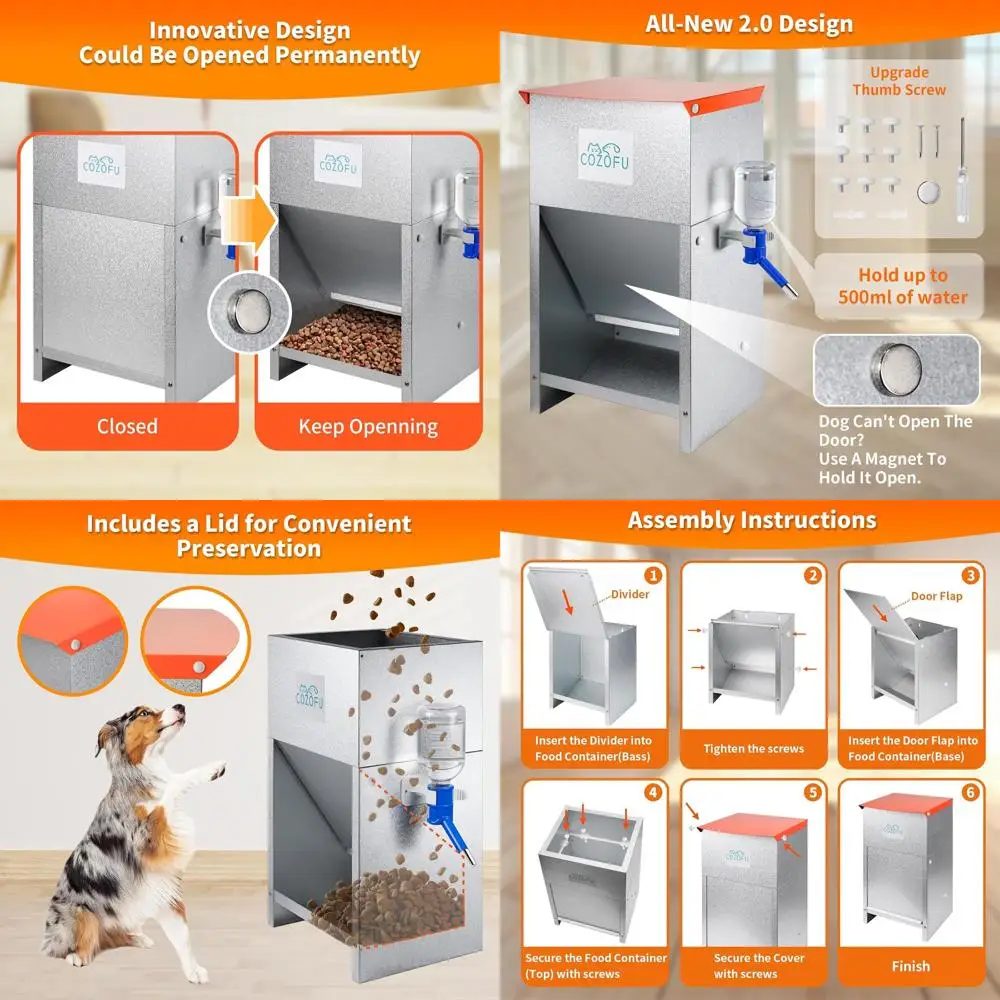 

Автоматическая кормушка для собак из оцинкованной стали повышенной прочности с миской для воды - Уличная/домашняя станция для кормления животных всех размеров, вместимость 25 фунтов сухого корма