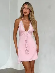 Sexy V-Neck Hanging Neck Lace Backless Lace Up Dress Summer Bar Club Spicy Girl Women's Clothing 2024New Style