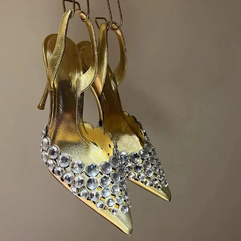 

Rhinestone Crystal-Embellished Buckle Stain Pumps Pointed Sandals Slingback Leather Hollow High Heels Slip-On Women's Shoes