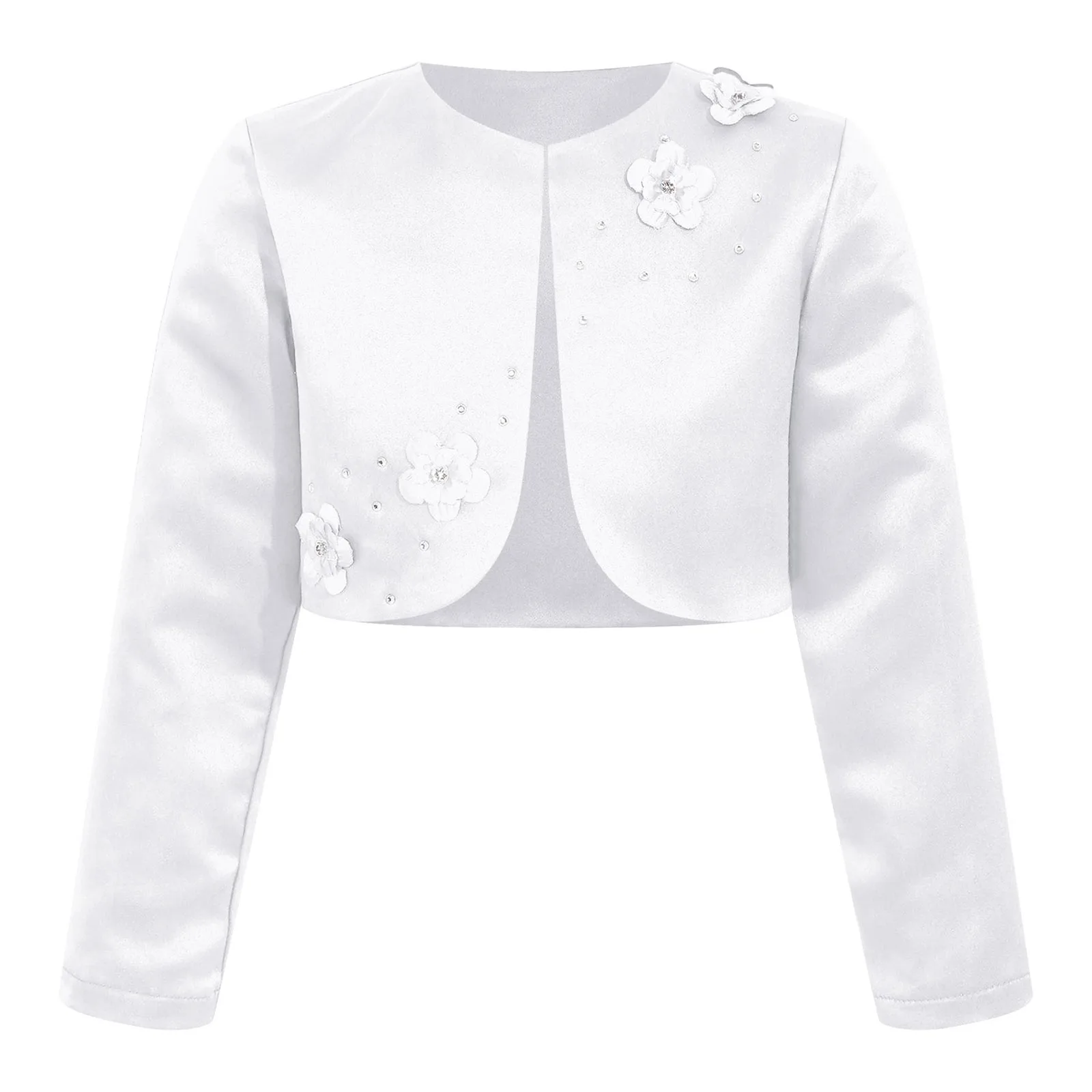 Girls Satin Bolero Jackets Kids Flower Elegant Cardigan Long Sleeve Open Front Shrug Cape Wedding Party Baptism Dress Outwear