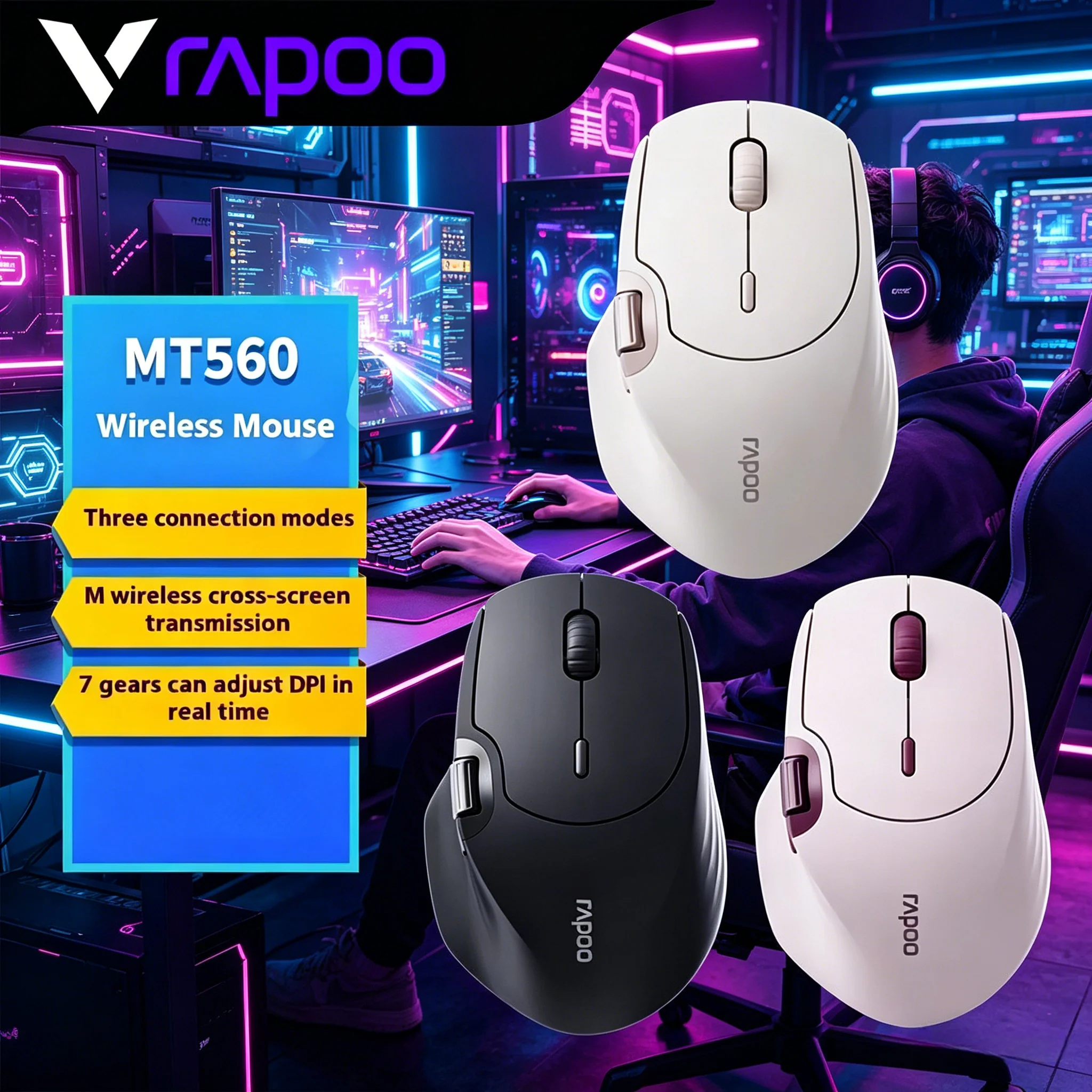 Ergonomic Cross Screen Rapoo MT560 3 Mode Wireless Mouse Hall Magnetic Induction Knob Lightweight