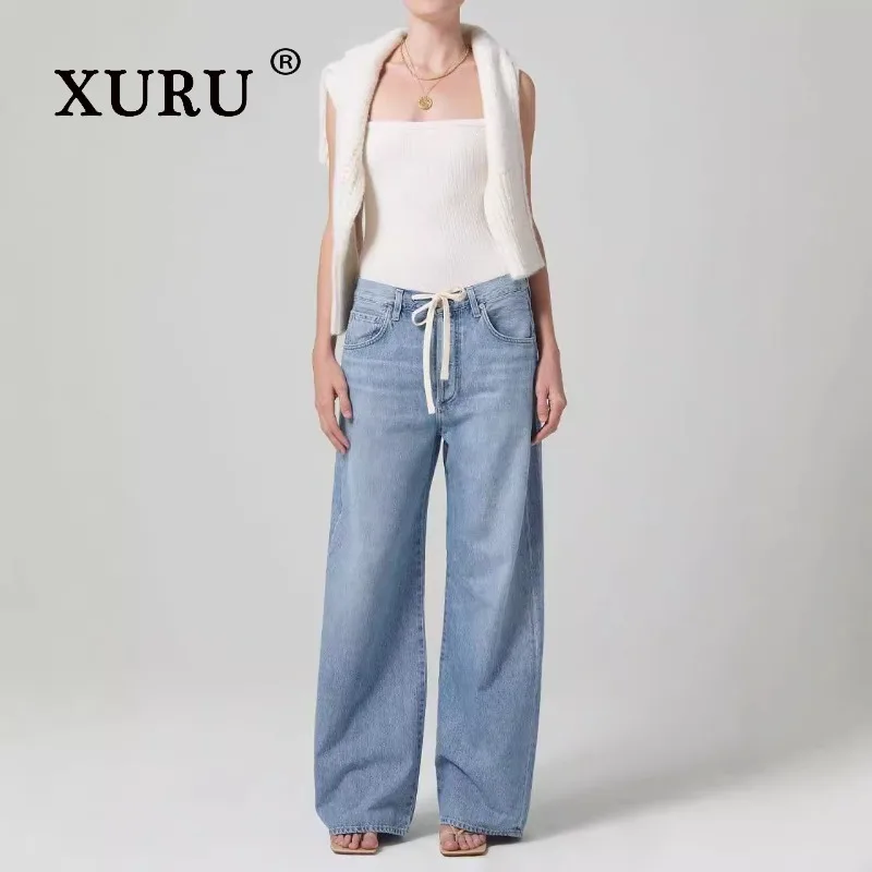 XURU - New Women's Loose Wide Leg Drawstring Jeans, Y2k Clothes Long  Women's   Blue Jeans