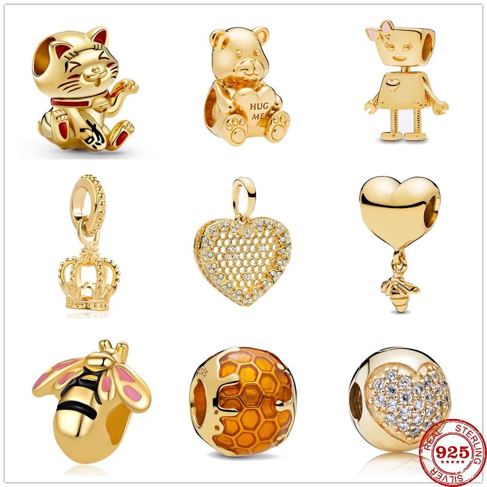 

New Original 925 Sterling Silver Lucky Cat Bear Bee Fine Bead Charms Gold Color Fit Pandora Charm Bracelets Women DIY Jewelry