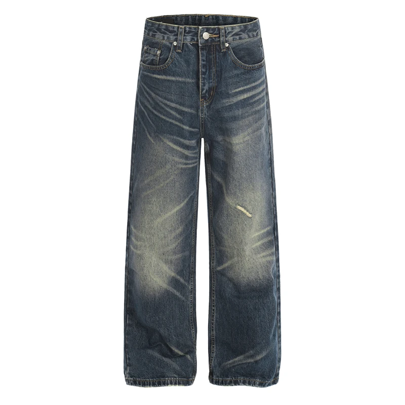 

Джинсы унисекс в американском стиле с эффектом потертости, широкие, прямые, свободные, из денима, с эффектом «кошачьих усов», винтажные, шикарные брюки