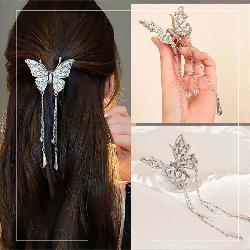 New Fashion Rhinestone Butterfly Tassel Hairpin Ladies Elegant Ponytail Clip Delicate Bow Crab Claw Headdress Hair Accessories