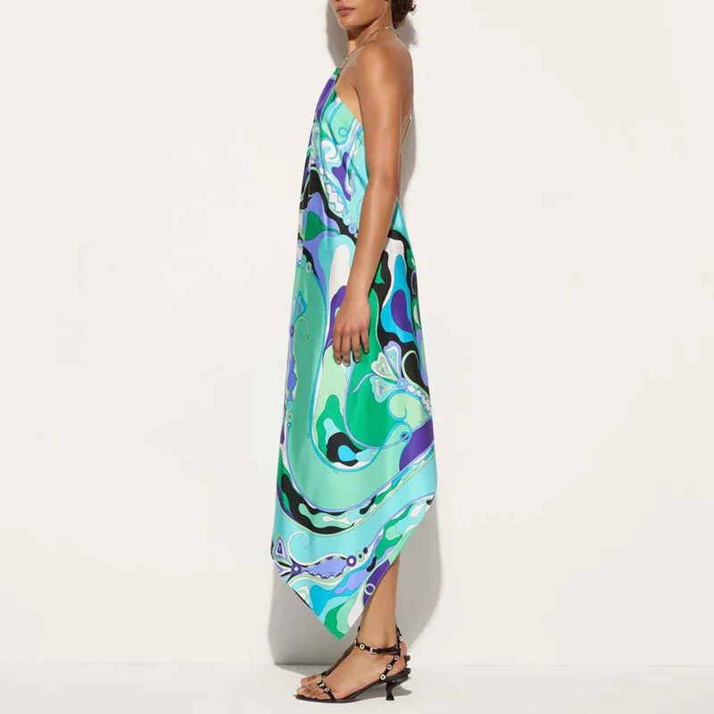 Robe longue en Satin pour femmes, Sexy, dos nu, creuse, irrégulière, élégante, imprimée, sans manches, col licou, ligne a, robes de plage, vacances, été