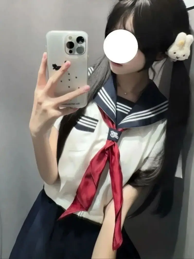 Authentic White Sailor Suit Uniform Skirt Set Short Sleeve Kyoto Collar Japanese Style Breathable Polyester Cotton Blend view 4