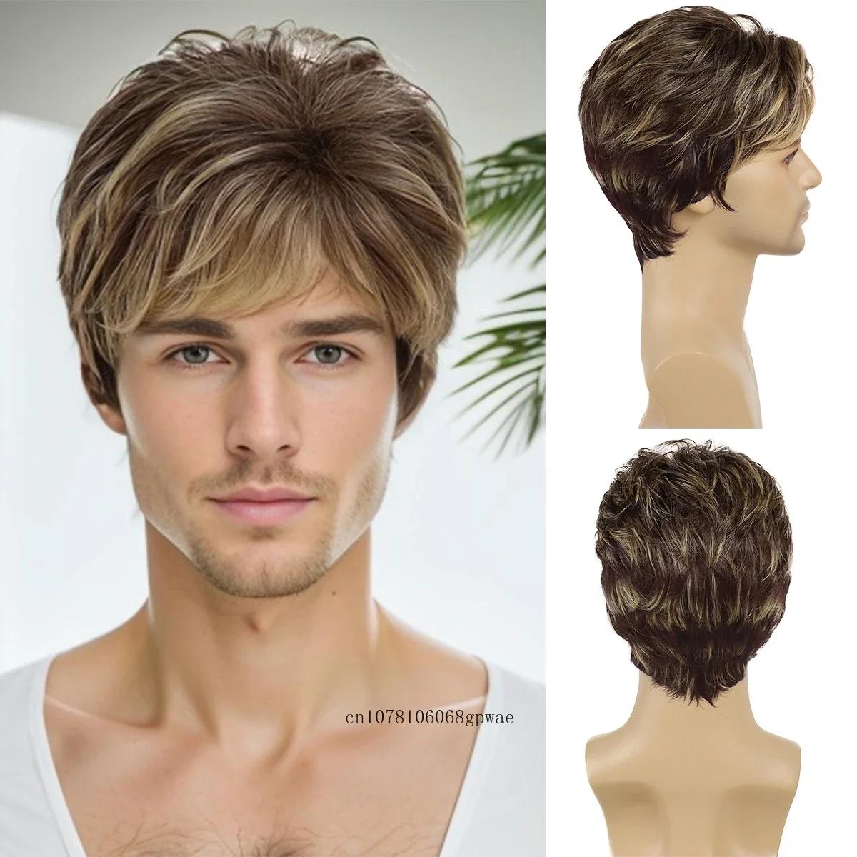 Synthetic Hair Brown Mix Blonde Wigs for Men Father Short Layered Ombre Wig with Bangs Heat Resistant Fiber Daily Costume Party