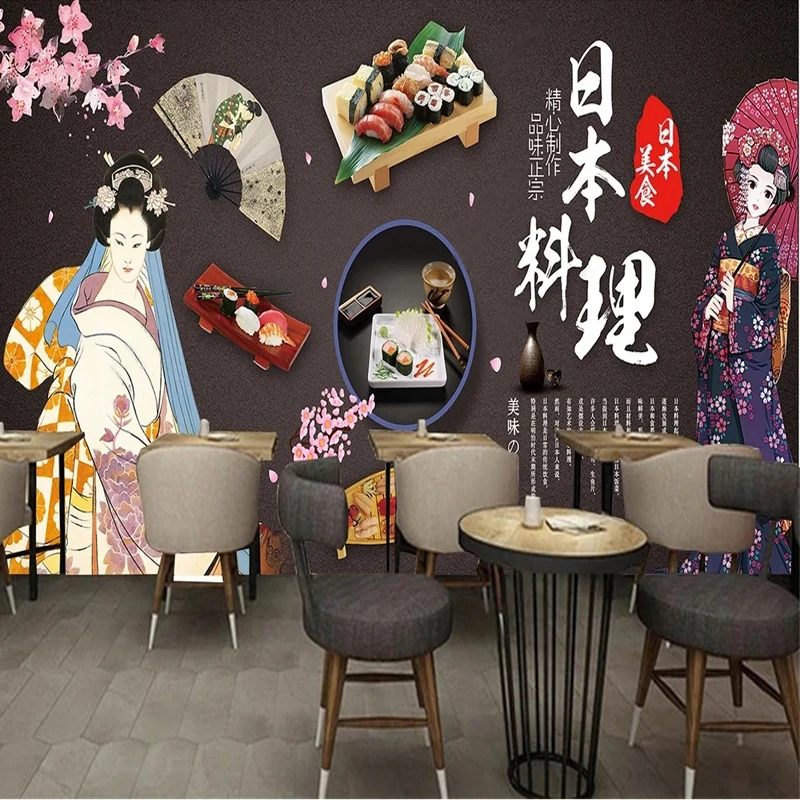 3D Large Wallpaper Retro Janpanese Style Female Geisha Cuisine Sushi Food Photo Mural Canvas for Restaurant Backdrop Wall Decor