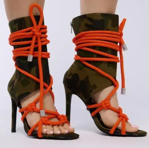 Army Green Camouflage Cloth Orange Ropes Cross Tied Knot Hollow Square Open Toe Lace Up Thin Heels Short Sandals Boots Women