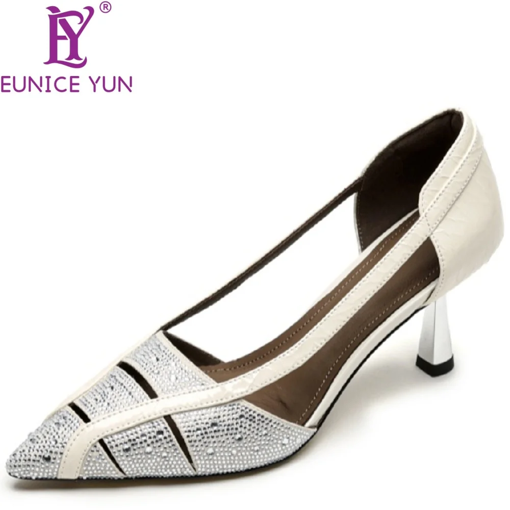

【EUNICE YUN】Ручная работа, дышащие и удобные сандалии на высоком каблуке из натуральной кожи, женские роскошные летние туфли через плечо, размеры 34-40