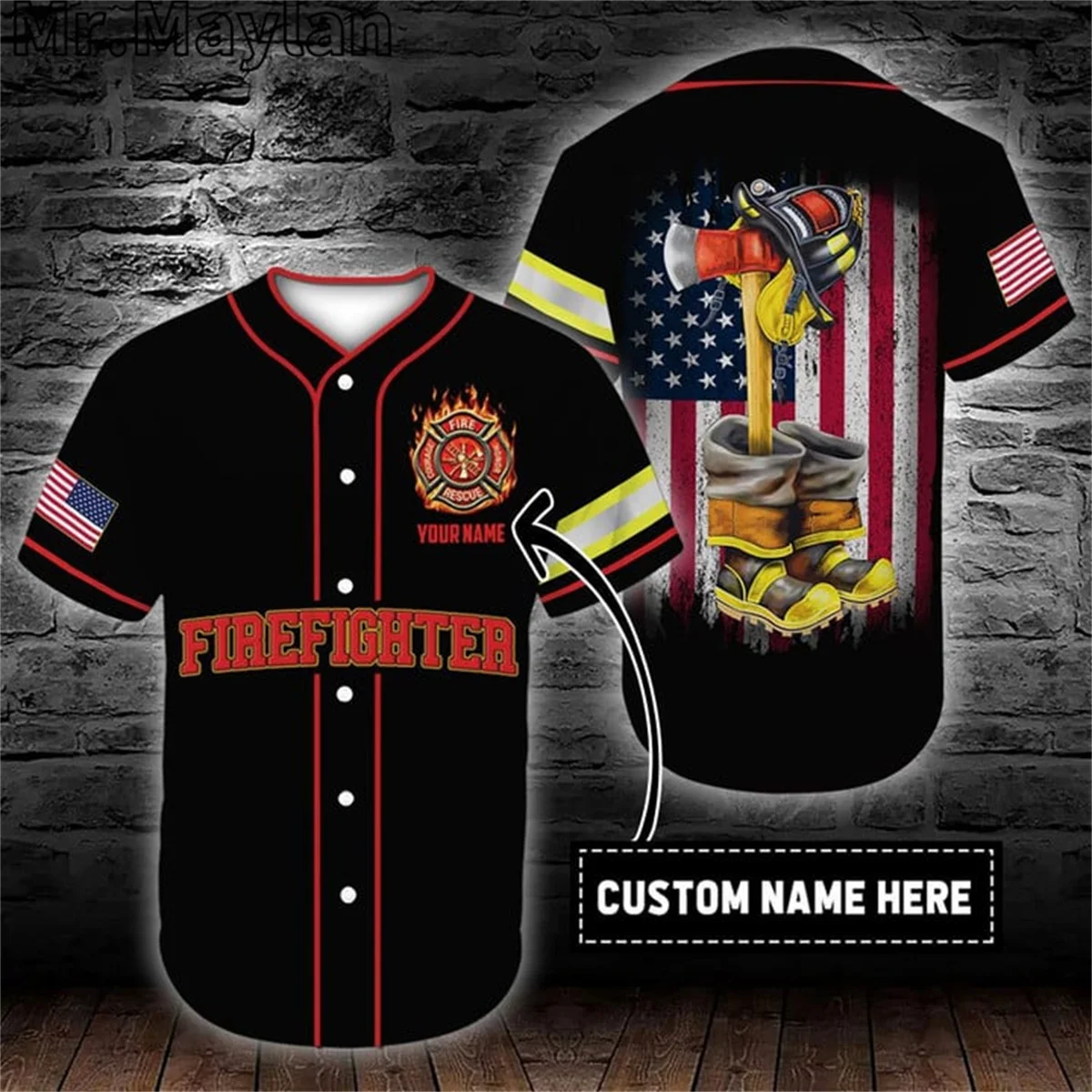 Custom Name Firefighter Hero Black Baseball Tee Jersey Shirt 3D Printed Firefighting Men's Shirt Casual Shirts hip hop Tops-011