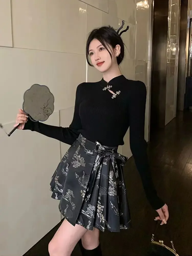 Spring 2024 New Women's Chinese Style Hanfu Set Button Bottom Top With High Waist And Pleated Horse Face Skirt Two Piece Set