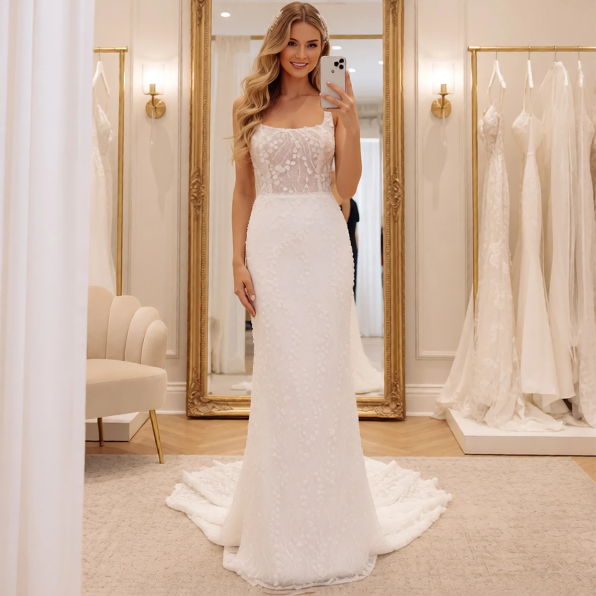 

Romantic Sheath Lace Wedding Dresses With Train Mermaid Square Collar Backless Bridal Party Gown For Bride Vestidos Novia