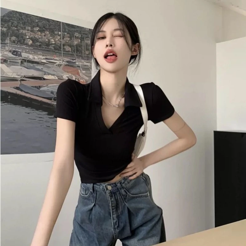 New Poio Neck T Shirt Women Korea Style Short Top V-Neck Solid Color Slim 2023 Summer Tops Fashion T-shirt Womens Clothing