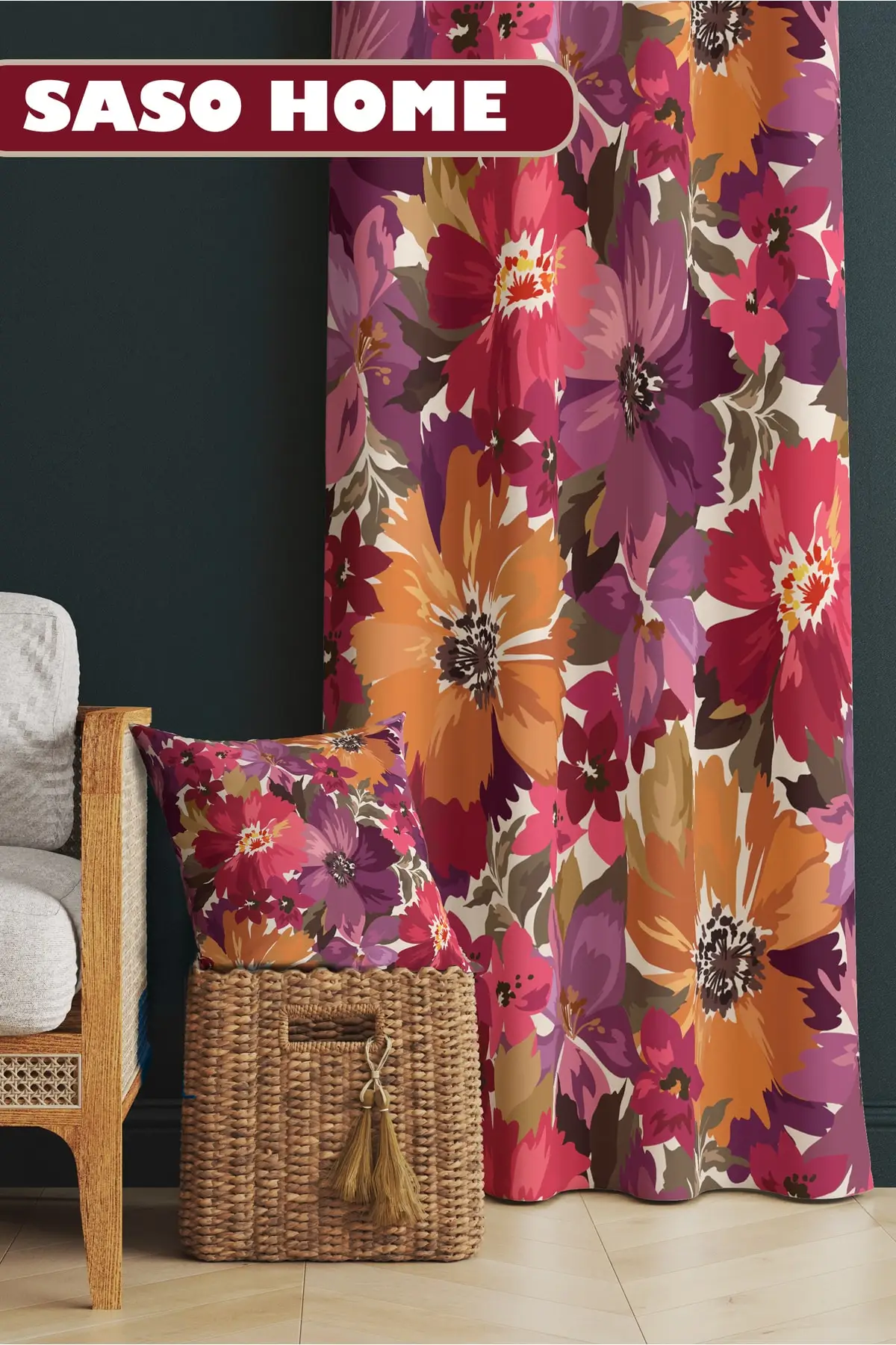 Curtain Goodmorning Spring Flowers Patterned 140 X 270 Cm Quality - Digital Printed Background  Single Sash