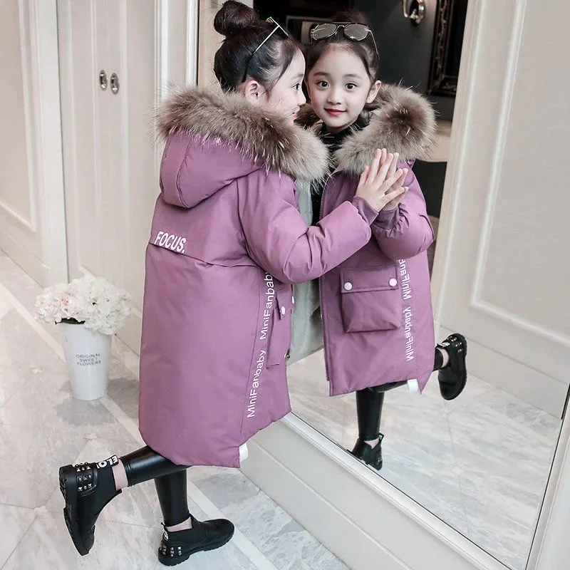 2024 Winter Warm Jackets for Girls Fashion Fur Hooded Children Girls Waterproof Outwear Kids Cotton Lined Parkas Keep Warm Coats